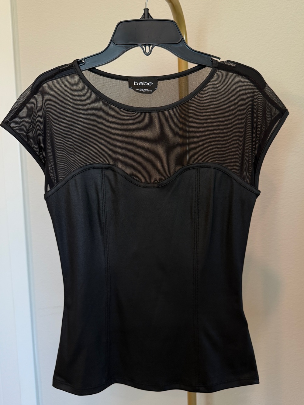 RARE Bebe black mesh faux leather top featured with mesh yoke - size s